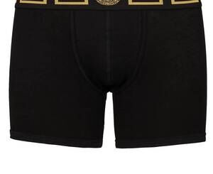 NEW VERSACE men's long trunk with greca border in black/gold